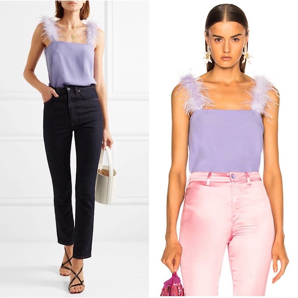 STAUD Lilac Crepe Ostrich Feather Strap Square‎ Neck Sleeveless Camisole Tank M